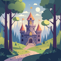 Enchanted Castle in a Mystical Forest - Fantasy Vector Illustration