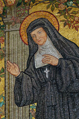 Mosaic (early 20th century) of St. Jane Frances de Chantal or Sainte Jeanne de Chantal. Saint of the Catholic Church. Founder of the Order of the Visitation of Holy Mary (Visitandines).
