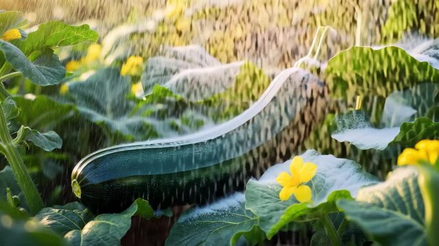 Black beauty zucchini plant or dark green squash cultivated on an organic farm.