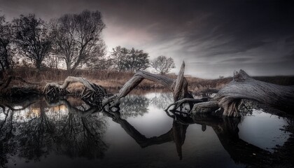 Fototapeta premium Interlaced tree roots forming a natural bridge over a shallow stream, the reflection creating a symmetrical effect.