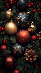 Festive Arrangement of Colorful Christmas Ornaments, Pinecones, and Greenery in Gold, Red, and Blue