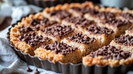puffed and crisp rice treats with milk chocolate made in tart tin on rustic hessian