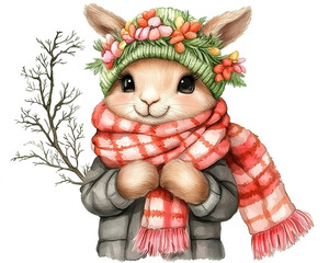 Fototapeta premium Adorable anthropomorphic cartoon animals in cute watercolor clipart style. Cute rabbit wearing scarf and flower hat in winter attire
