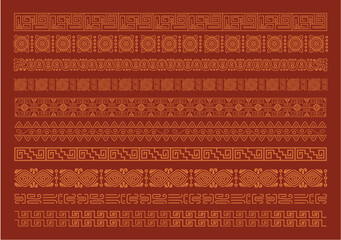 Frets with ornamental geometric figures, ornamental frame, boho figures, pre-Hispanic Aztec geometric figures from Mexico, vector illustration, Abstract line border set