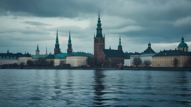 Birger Jarl's torn tower and church viewed from the town hall with a dramatic skyline and light reflections on the waters in a blue shimmer.