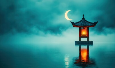 Naklejka premium Glowing pagoda in misty lake under crescent moon at night