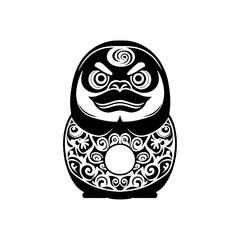 A black and white vector silhouette of a Daruma doll with a curved body and expressive facial features on a white background