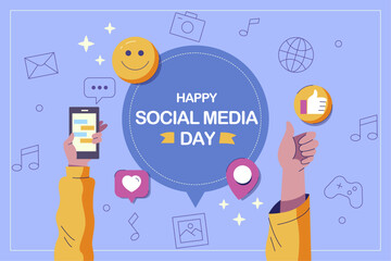 A modern and colorful illustration celebrating Social Media Day on June 30. The design features various social media elements, such as likes, comments, hashtags, etc.