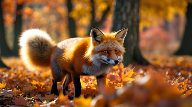 Adorable Red Fox, Vulpes vulpes in autumn woodland. Lovely creature in its natural environment. Wildlife depiction from the wilderness. Charming animal in its habitat. Red fox sprinting on orange