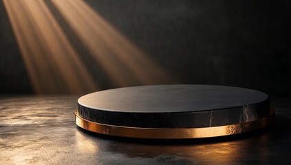 Elegant black marble podium with a golden base, illuminated by dramatic light rays, perfect for product display or presentation