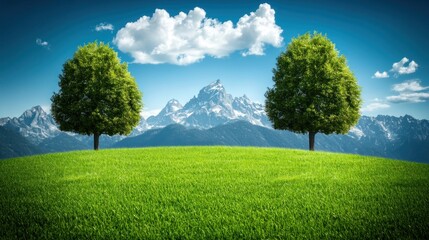 Obraz premium Lush green meadow with towering trees and snow-capped mountains