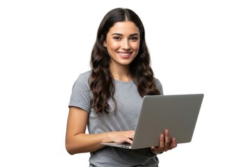 Naklejka premium Smiling woman holding a laptop in front of a white background with a grey shirt on her body