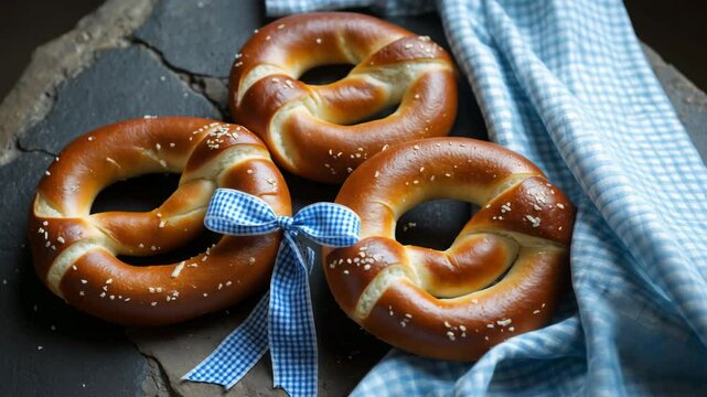 Decoration symbols created with pretzel loaf and fabric against a dark stone backdrop.