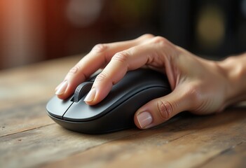 Wireless computer mouse operated by a hand on a wooden surface  