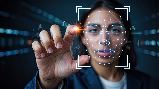 Facial Recognition Technology: A person interacts with a digital interface, highlighting the concept of facial recognition technology, capturing a sense of futuristic innovation and data processing.