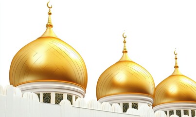 Golden domes of a mosque against a white background, ideal for religious or architectural projects