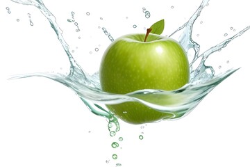Green Apple with a Refreshing Water Splash Symbolizing Freshness and Health