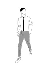Yong man walking front view. Business man in smart casual clothes hand drawn vector sketch illustration isolated