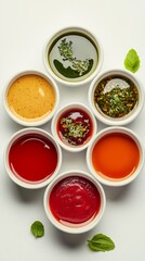 Vibrant culinary palette showcasing seven diverse sauces and dressings in white ceramic bowls, artfully arranged with fresh green basil leaves
