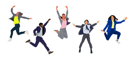 Set of different business people jumping for joy, celebrating success. Cartoon excited female and male characters in formal, casual office outfits. Vector  illustration isolated