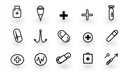 A set of various medical and healthcare related icons including symbols for aid and other medical treatments and services