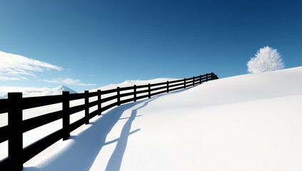 A snow-covered landscape with a black fence and a lone snow-covered tree under a clear blue winter sky