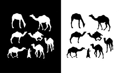 camel silhouette set illustration vector design, animal silhouette set, illustration, vector, design, art, symbol, silhouette, silhouettes, black, white, desert, wild, wildlife, animal, animals,