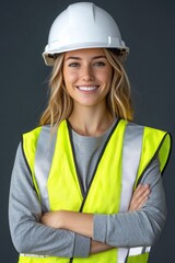 Confident Young Woman in Safety Vest and Hard Hat Smiling Warmly
