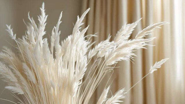 Close-up of a lovely creamy dry grass arrangement. Bunny tail plant in front of a soft blurred curtain backdrop. Selective focus. Floral home decor.