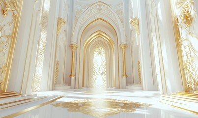 Fototapeta premium Grand white gold palace interior, sunlight, ornate arches, floor design, architectural visualization
