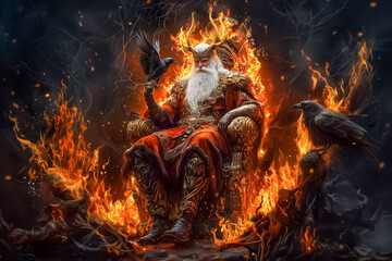 Majestic character sits on ornate throne surrounded by flames and shadows. Powerful presence with white beard and horns, ravens perched nearby. Concept of fantasy, storytelling, mythological art