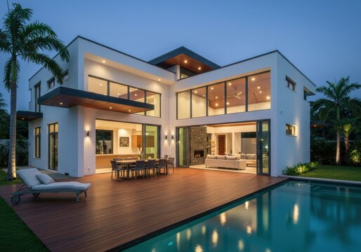 Exterior view of a modern house with a pool and palm trees at dusk with lights glowing inside