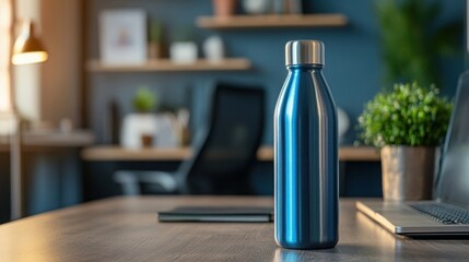 Blue Metallic Water Bottle on Wooden Desk in Modern Office