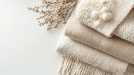 Beige Knitted Sweaters and Dried Flowers on White Background