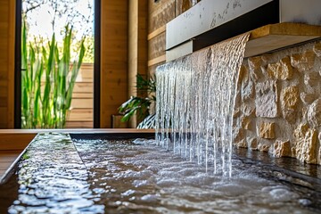 Tranquil indoor water feature with cascading water, natural stone accents, and lush greenery creating a serene atmosphere for relaxation and wellness concept