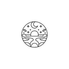 Minimalist Celestial Circle Logo: Moon, Stars & Landscape Design