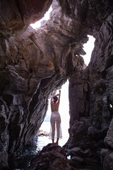 Beautiful Thai woman takes photos with beautiful tourist attractions, secret photo spots on Koh Sichang, Chonburi Province, Thailand.