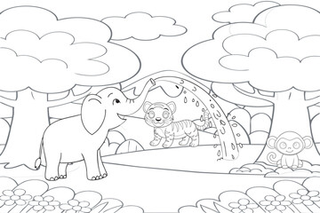 Gentle and friendly elephant water splash fun with jungle friends vector outline for coloring book pages