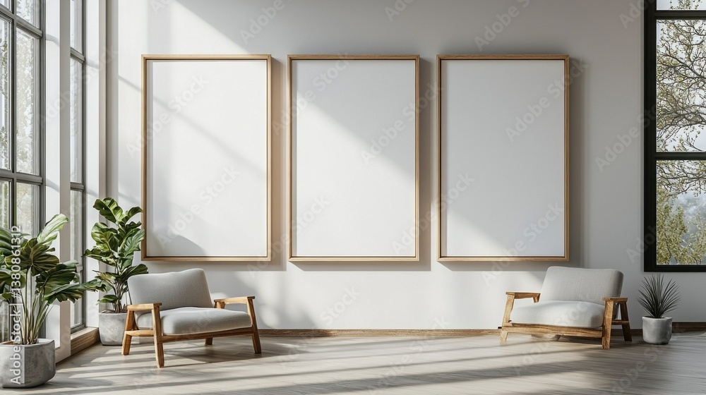 Poster Sunlight streams through large windows into a contemporary gallery adorned with three empty frames. Minimalist chairs and greenery create a serene atmosphere perfect for creativity