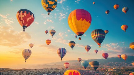 Fototapeta premium Colorful Hot Air Balloons Floating Over Valley at Sunset