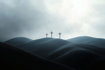 Silhouette of three crosses atop rolling hills under a cloudy sky evoking solemnity and quiet reflection.