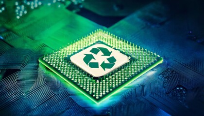 Glowing cpu with recycling symbol represents eco-friendly disposal and reuse of electronic components