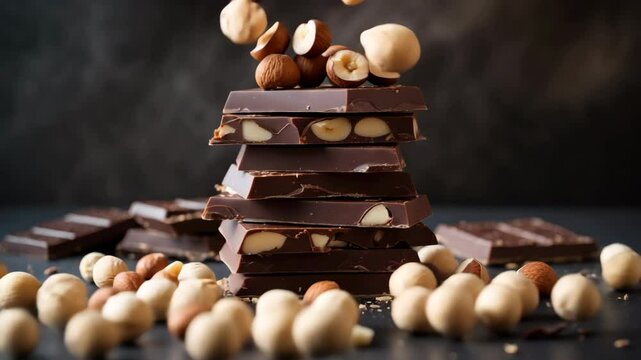 Tasty milk chocolate bars featuring nuts set on a table up close. A stack of chocolate slices with hazelnut and almond chocolate pieces in a tower. Concept of sweet food videography. Pieces of broken