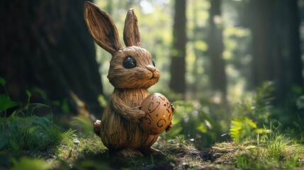 Toy Rabbit Holding Decorated Egg in Forest Clearing with Sunlight
