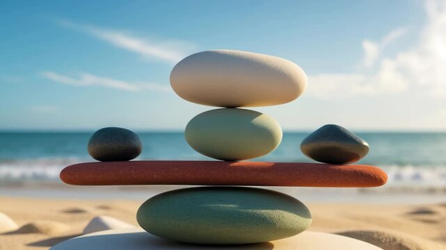 Concept of balance and harmony. Stones balanced by the sea. Zen rock in the shape of scales.