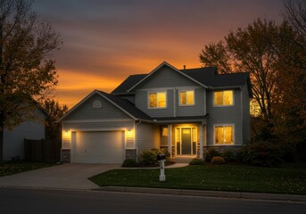 A two story house with lights on at dusk with an orange and yellow sunset in the background sky