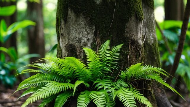 Bird nest fern, a plant from tropical rain forests, grows as an epiphyte on trees, set against a white background.