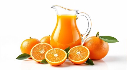 a jug of orange juice with whole and cut oranges lying nearby