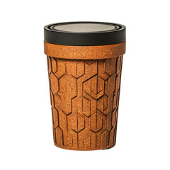 A patterned, cork-textured coffee cup featuring a black lid, designed for eco-friendly beverage enjoyment.