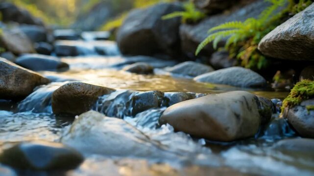Beautiful mountain water flowing through a river stream. A river cascading over rocks. Design background.